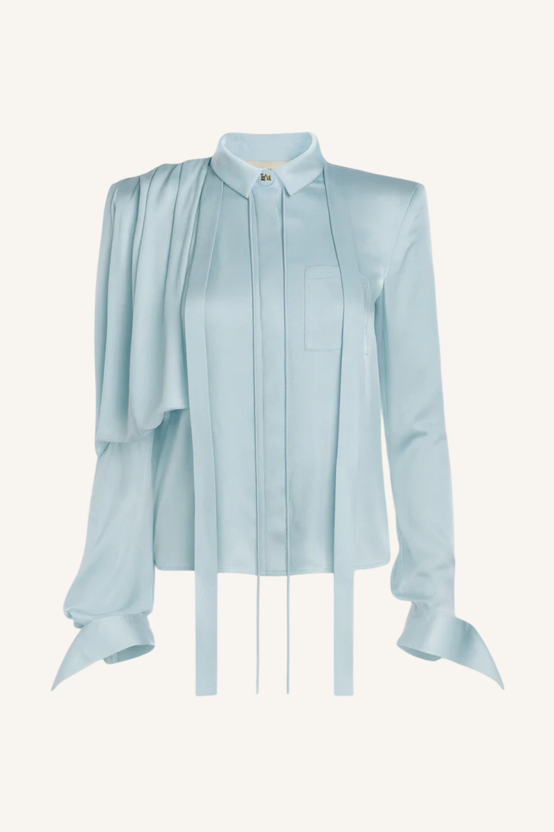 Draped Shoulder Tie-Neck Shirt