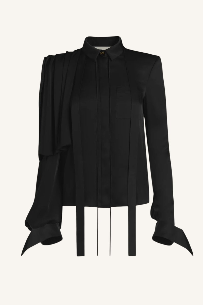 Draped Shoulder Tie-Neck Shirt
