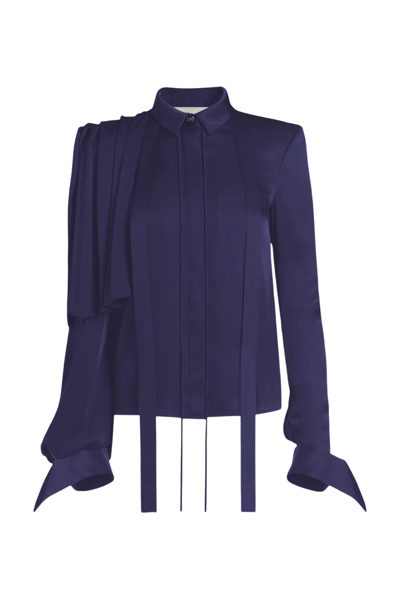 Draped Shoulder Tie-Neck Shirt