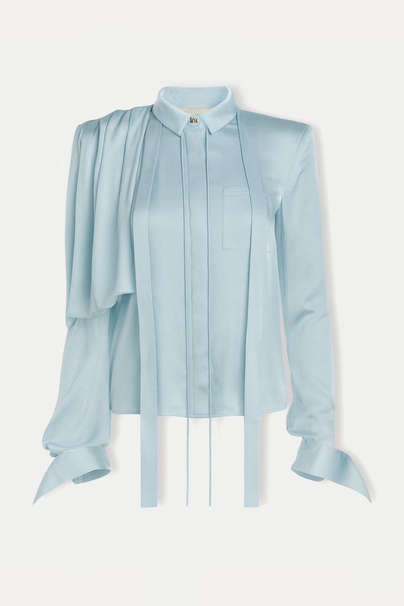 Asymmetric Draped Shoulder Tie-Neck Shirt