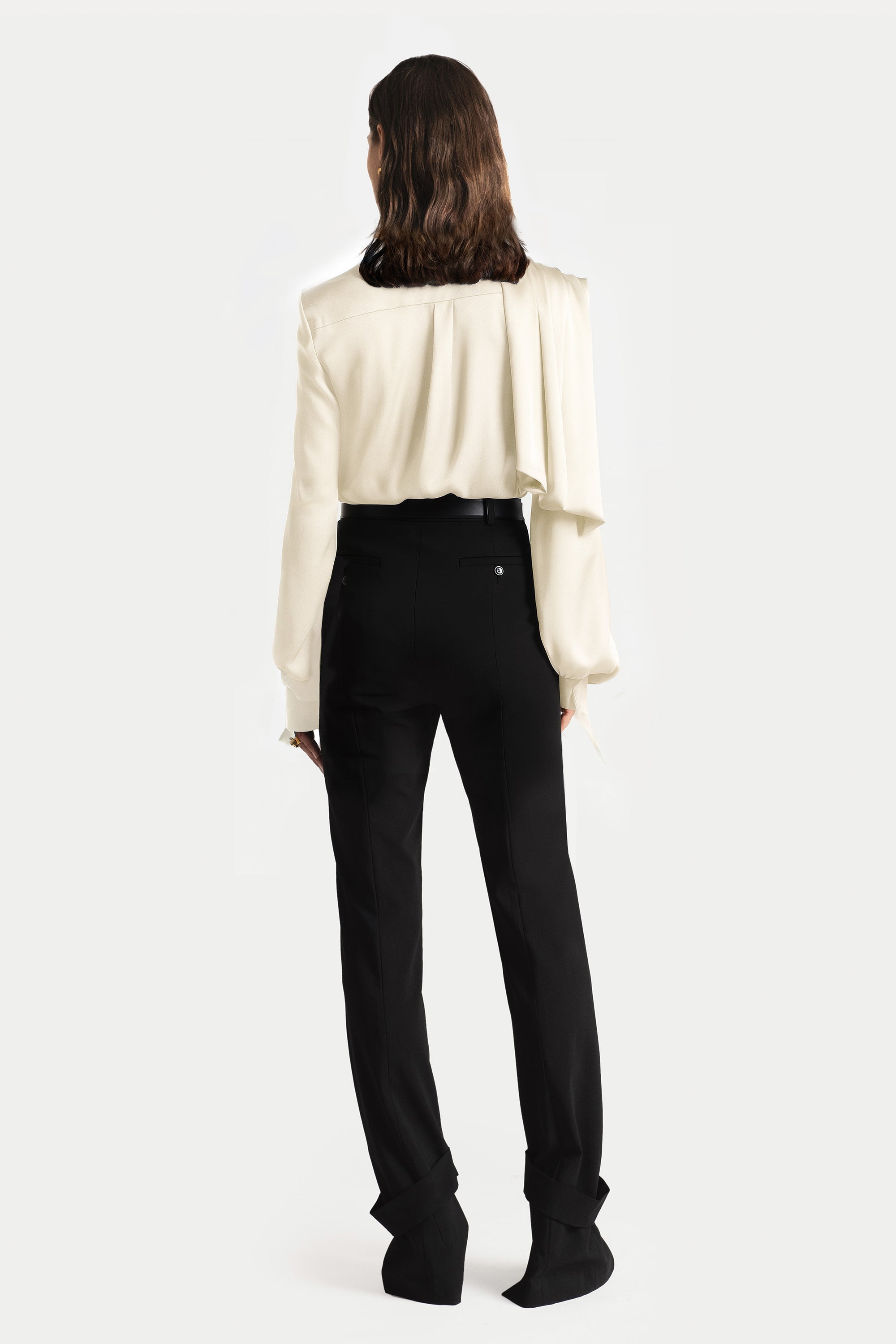 Asymmetric Draped Shoulder Tie-Neck Shirt