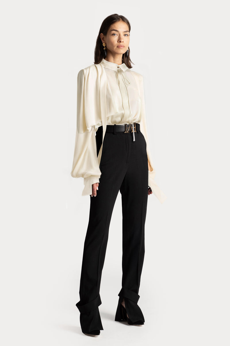 Asymmetric Draped Shoulder Tie-Neck Shirt
