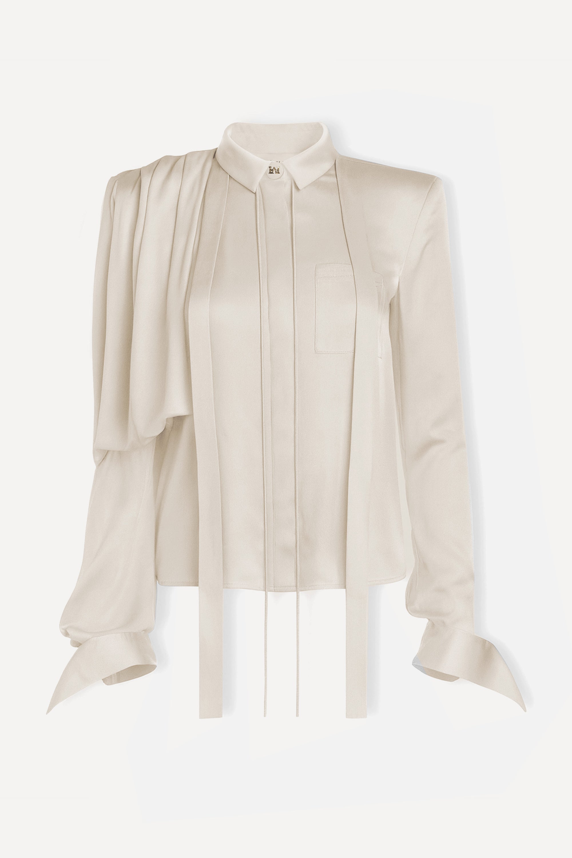 Asymmetric Draped Shoulder Tie-Neck Shirt