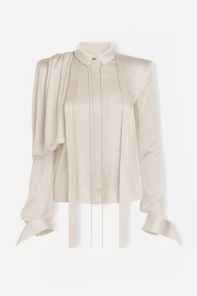 Asymmetric Draped Shoulder Tie-Neck Shirt