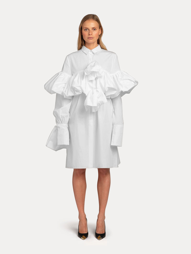 Gathered Tie-Neck Shirt Dress