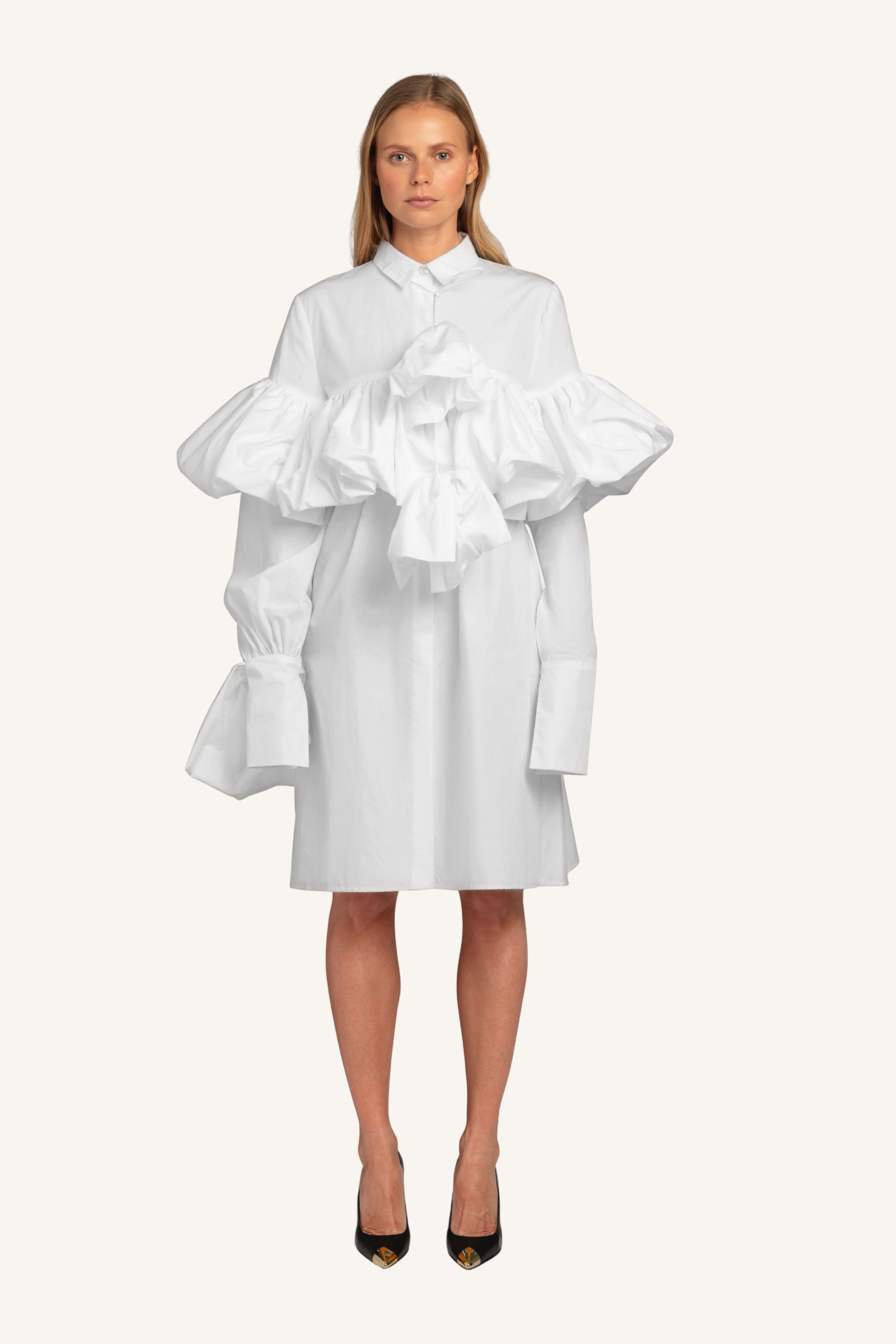 Gathered Tie-Neck Shirt Dress