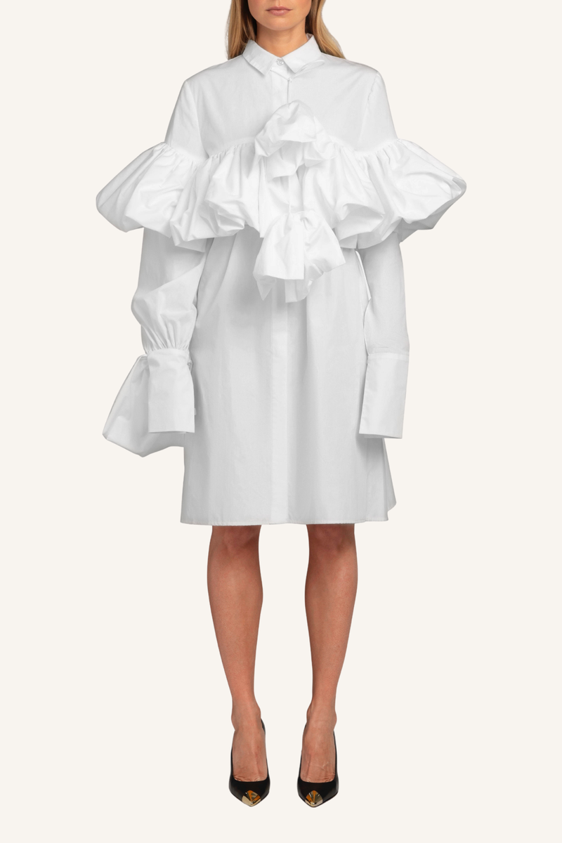 Gathered Tie-Neck Shirt Dress