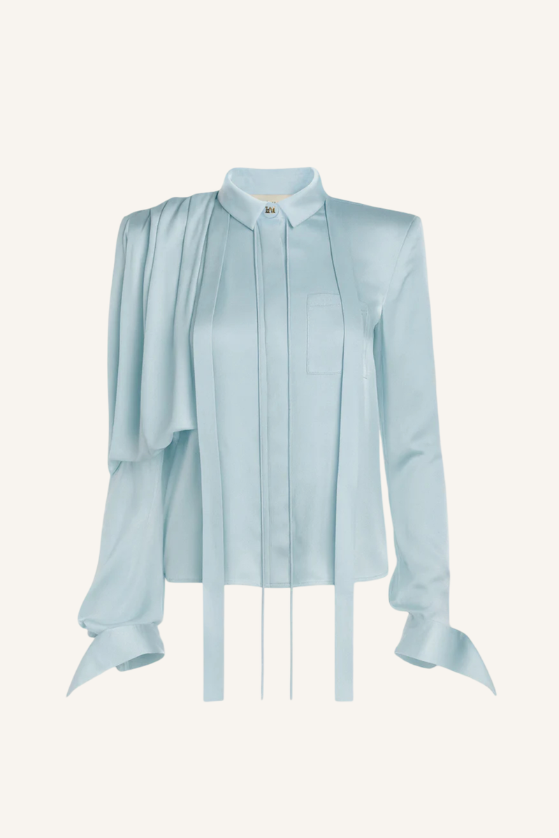 Draped Shoulder Tie-Neck Shirt