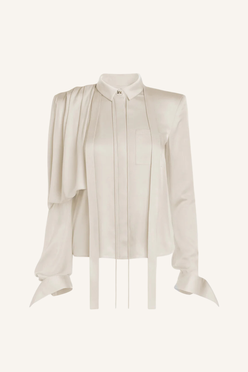 Draped Shoulder Tie-Neck Shirt