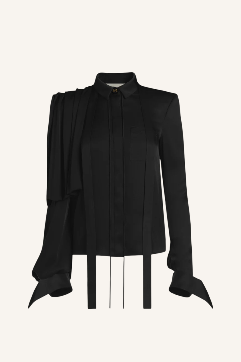 Draped Shoulder Tie-Neck Shirt