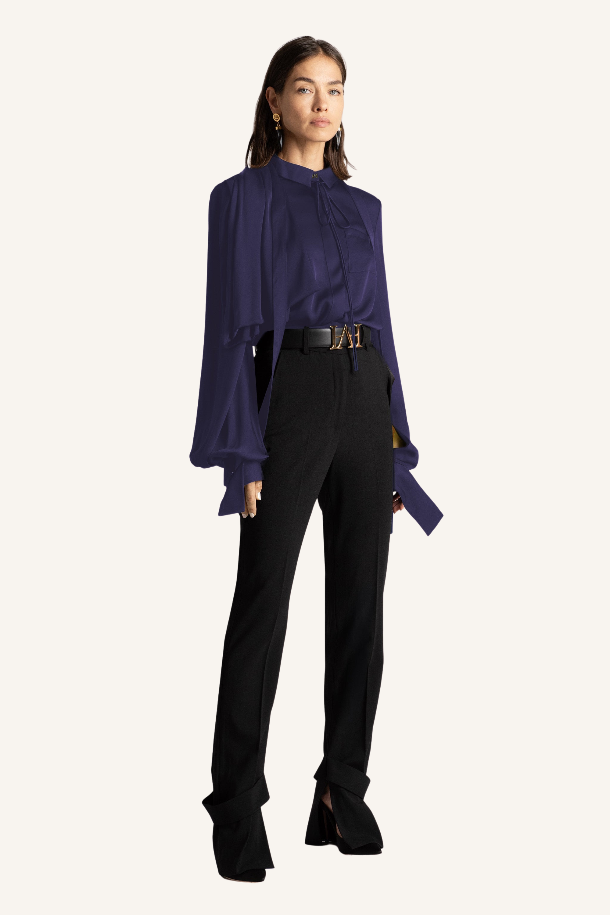 Draped Shoulder Tie-Neck Shirt