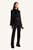 Draped Shoulder Tie-Neck Shirt