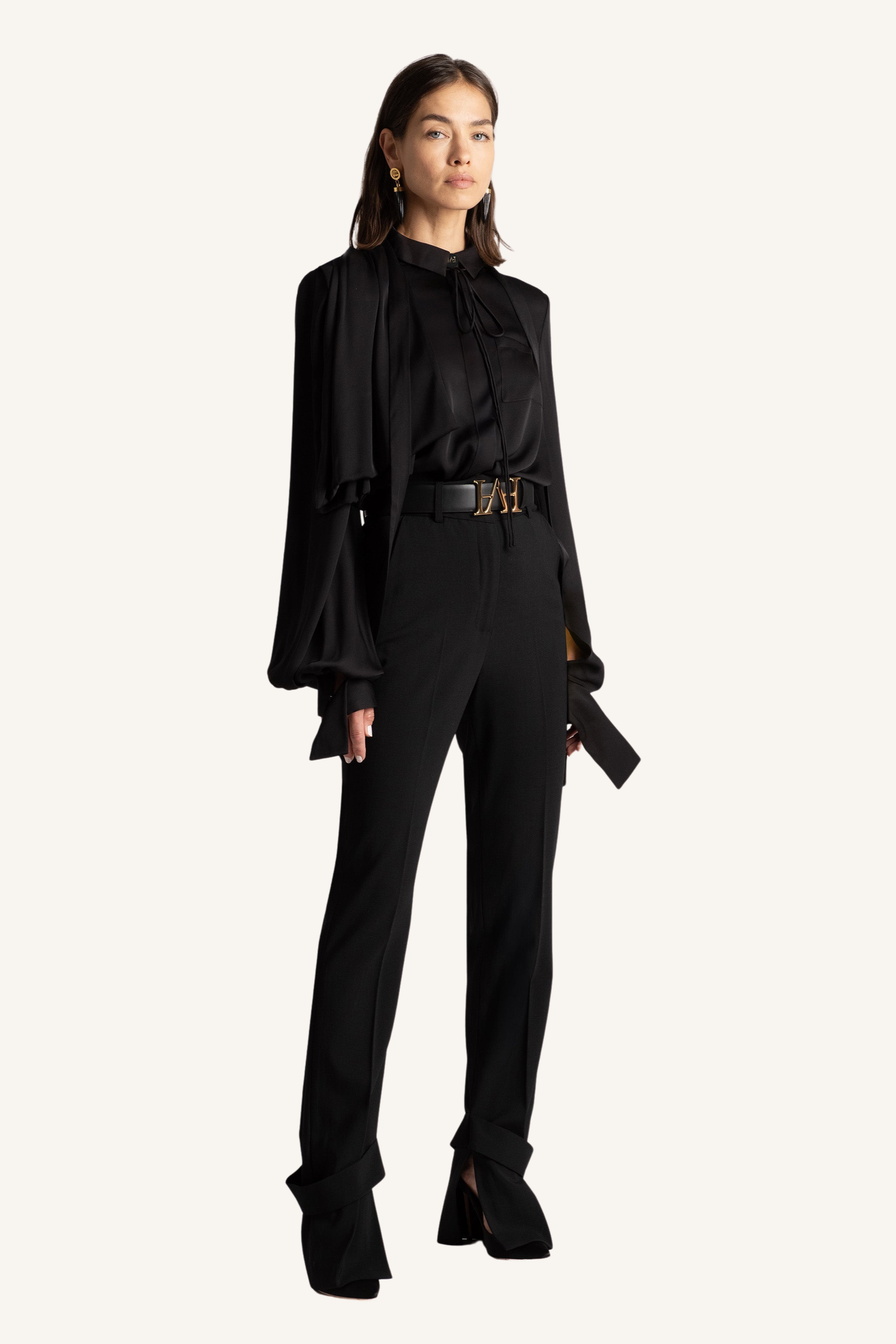 Draped Shoulder Tie-Neck Shirt